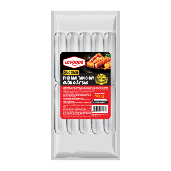 XÚC XÍCH PHÔ MAI TAN CHẢY CUỘN GIẤY BẠC LC 500G 10C
