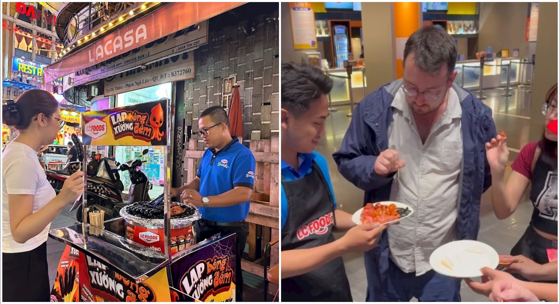 Các bạn trẻ và người nước ngoài trải nghiệm Lạp xưởng Bóng Đêm tại phố đị bộ Bùi Viện (trái) và rạp chiếu phim Galaxy (phải)