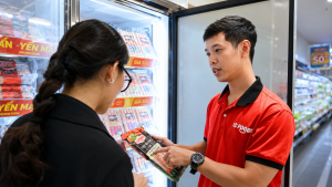 nhân viên LC Foods tư vấn sản phẩm cho khách hàng tại siêu thị